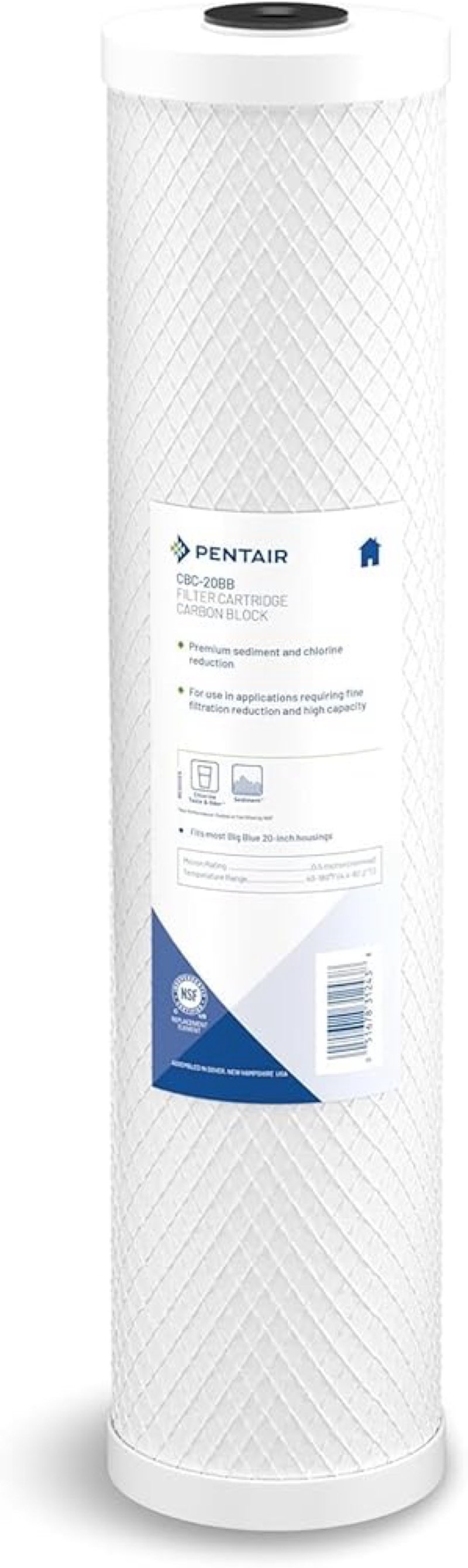 pentair pentek cbc-20bb big blue carbon water filter, 20-inch, whole house carbon block replacement cartridge with bonded powdered activated carbon (pac) filter, 20" x 4.5", 0.5 micron pack of 1 20" x 4.5"