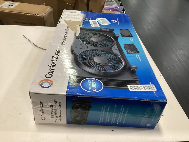 Condition photo showing New/Like New for comfort zone 9" smart reversible twin window fan with wifi & remote control | 3-speed exhaust, intake & circulate functions | adjustable 23.5" to 37" width | works app (ios/android)