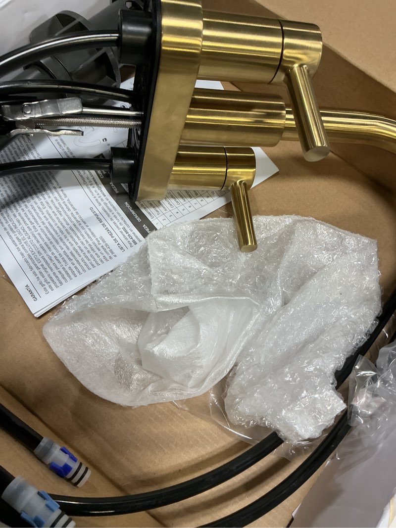 Condition photo showing As Is for allen + roth harlow simplefit brushed gold 4-in centerset 2-handle watersense mid-arc residential handle bathroom sink faucet with drain with deck plate