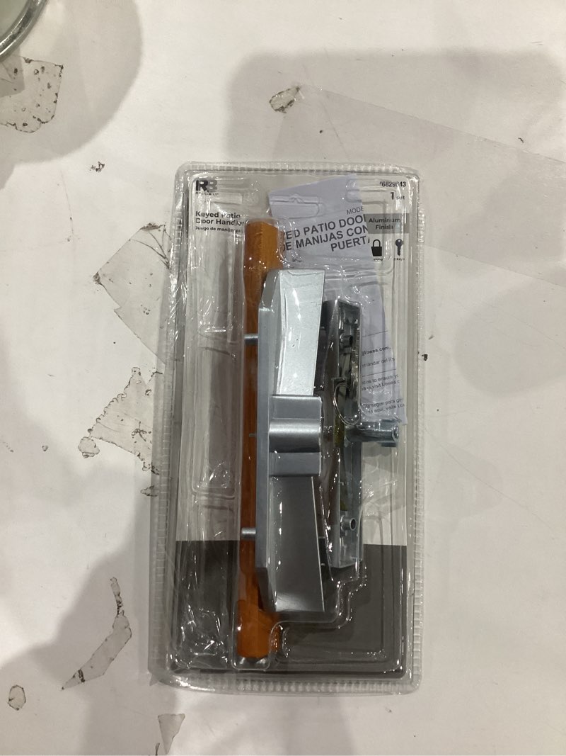Condition photo showing As Is for sliding glass patio door handle set with key cylinder and mortise lock 45° keyway, oak wood inside handles and zinc diecast outside pull, 3-15/16" hole spacing, non-handed, white white keyed handles + mortise lock