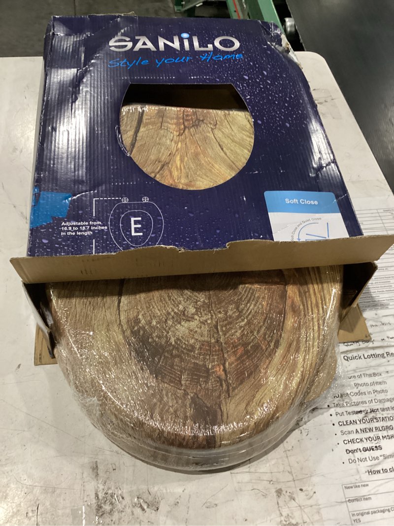 Condition photo showing New/Like New for sanilo wooden toilet seat with soft close [elongated] - decorative, quiet & slow close molded wood seat - with strong bumpers & hinges - adjustable fit - rustic