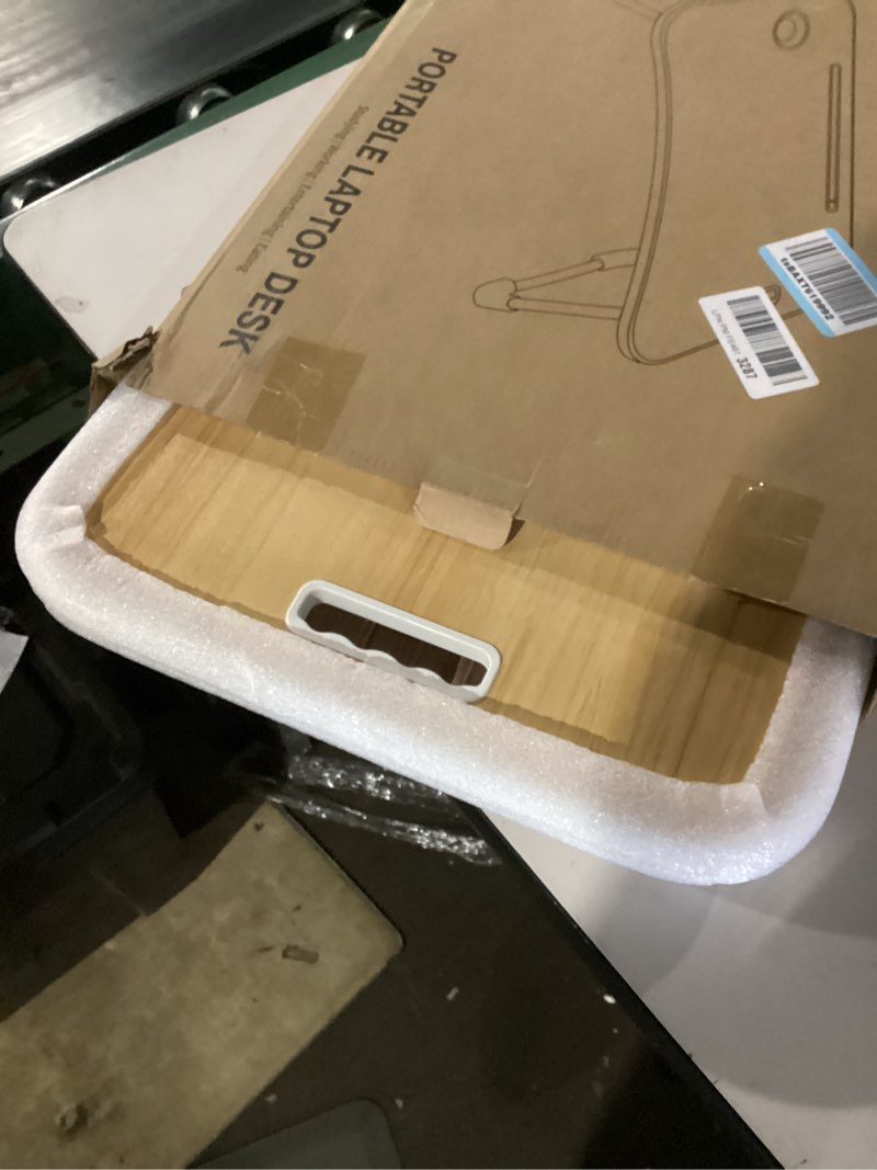 Condition photo showing New/Like New for foldable laptop table, portable lap desk bed table tray, laptop stand with cup holder & tablet slot & lifting handle for working writing drawing & eating (wood)