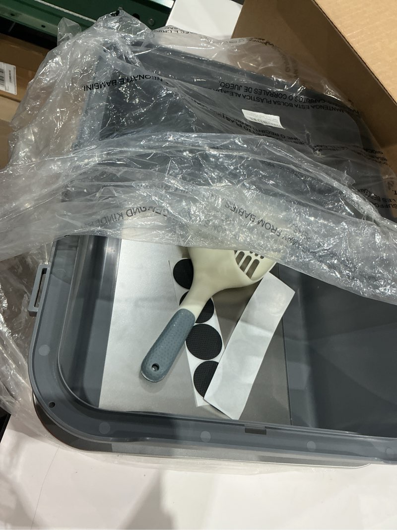 Condition photo showing New/Like New for stainless steel cat litter box, covered metal litter box, cat litter pans with high sides, kitty litter boxes for indoor cats (non sticky, easy to clean, anti-urine leakage) 17.5" l x 13.5" w x 4" h grey lid17.5" l x 13.5" w 4"h