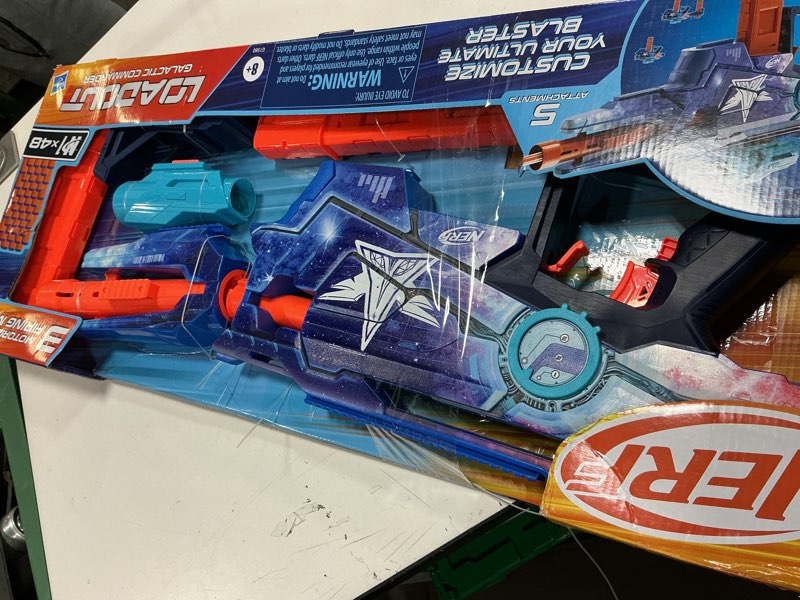 Condition photo showing Good Condition for nerf loadout galactic commander motorized blaster, 3 firing modes, 3 attachment accessories, 48 nerf n1 darts, kids toys & gifts, ages 8+
