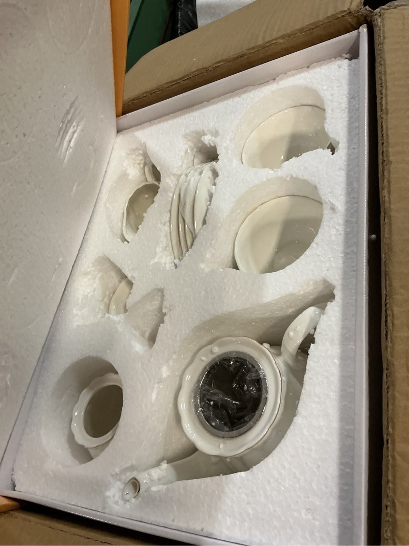 Condition photo showing Good Condition for btat- classic tea set, 13 pcs, tea cups (7oz), tea pot with stainless steel infuser (32oz), creamer and sugar set, porcelain tea set, white tea set, tea pot sets with cups