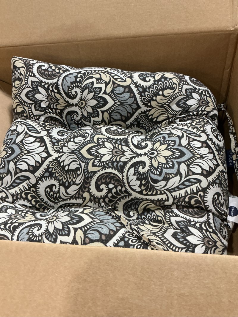 Condition photo showing As Is for arden selections outdoor seat cushion, 21 x 21, rain-proof, fade resistant 18 x 20, black aurora damask