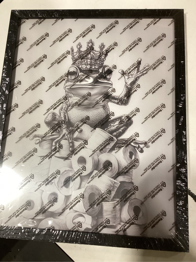 Condition photo showing New/Like New for Orvannaatr Bathroom Picture Wall Decor, Framed Black and White Bathroom Wall Art Wear Crown Frog Toilet Paper Pile - Playful Bathroom Wall Decor Animal Art Black and White be Hung Directly 14"L x 11"W Frog