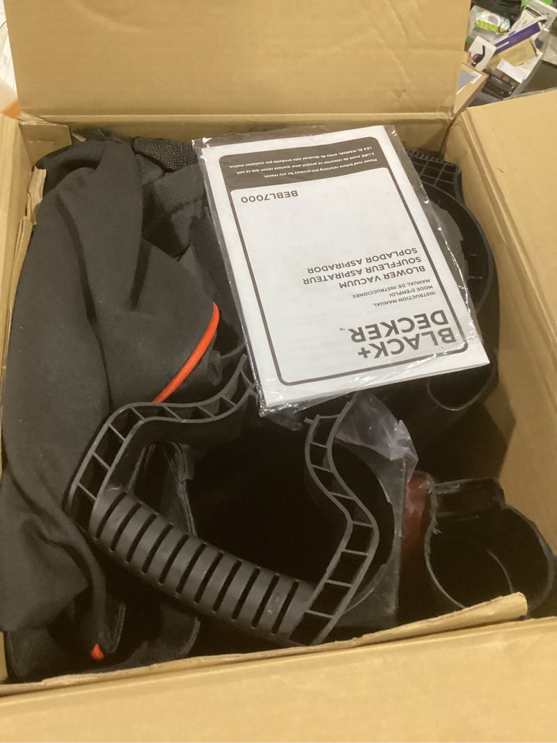Condition photo showing As Is for black+decker leaf blower, leaf vacuum and mulcher 3 in 1, backpack blowers for lawn care,250 mph airflow, 400 cfm delivery power, reusable bag included, corded (bebl7000)