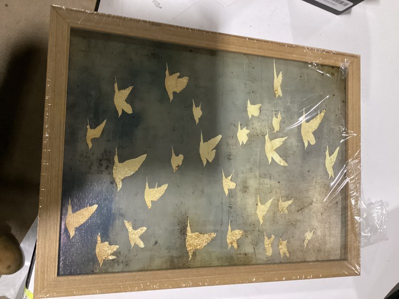 Condition photo showing New/Like New for Framed Flock of Birds Canvas Wall Art, Vintage Minimalist Abstract Landscape Painting, Neutral Gold Birds Spiritual Wall Decor, Modern Aesthetic Pictures for Bedroom Living Room 12x16 inch Flying pigeons Framed 16"L x 12"W