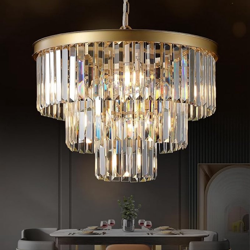 Gold Crystal Chandeliers Modern Round 20" Chandelier 7 Lights Ceiling Pendant Light Fixture Luxury 3-Tier K9 Crystal Lighting for Living Room Dining Room Bedroom Kitchen Foyer
