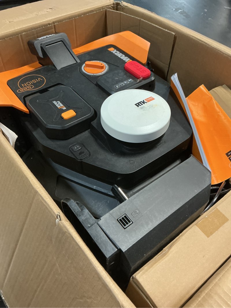 Condition photo showing As Is for worx landroid vision cloud robot lawn mower, no perimeter wire robot mower for 1/4 acre, ai obstacle avoidance and rtk cloud navigation, 30% slope, auto mapping, app control, wr310 wr310:mows up to 1/4 acre