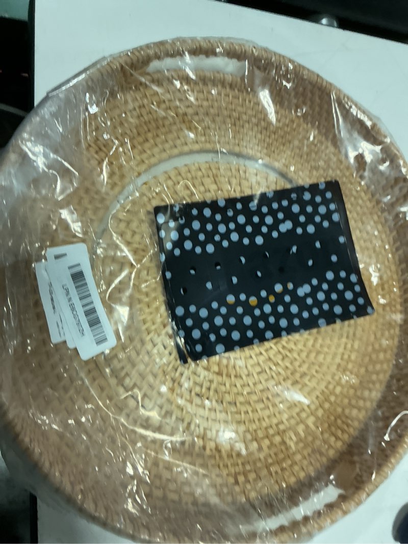 Condition photo showing Good Condition for hitomen 14.2" hand-woven round rattan serving tray decorative ottoman wicker platter with handles for coffee table, breakfast, drinks, snack, bread, fruit, vegetables (natural-l) large (14.2 inches) natural