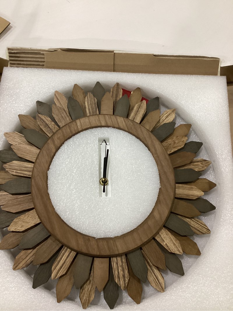 Condition photo showing New/Like New for Honiway 14 Inch Wall Clocks Battery Operated Silent Non Ticking Rustic Wood Boho Sunburst Decorative Wall Clock for Living Room Kitchen Bedroom Farmhouse Office Decor (Tricolor-Roman Numerals)