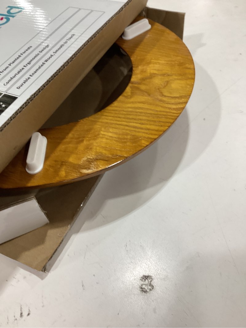 Condition photo showing As Is for angel shield wood veneer natural toilet seat with quiet close,easy clean,quick-release hinges(round,oak) oak round