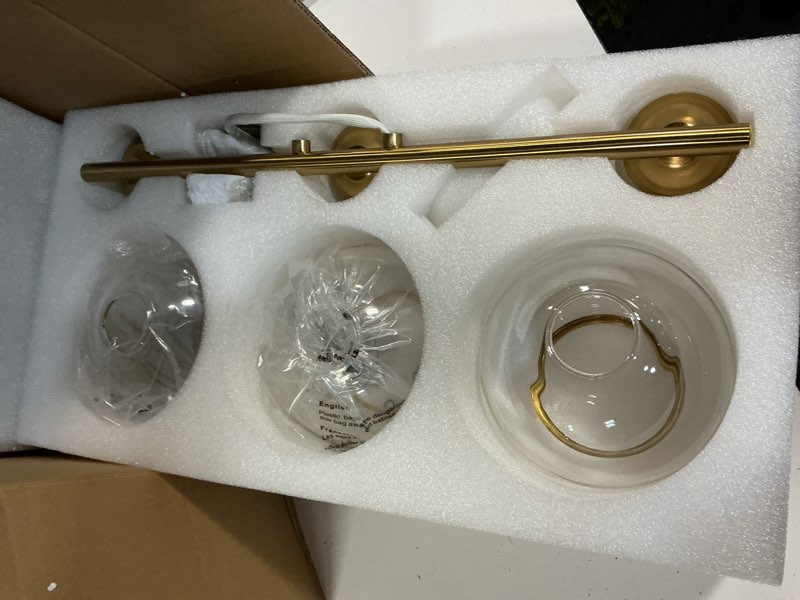 Condition photo showing Good Condition for mecgirn brushed gold bathroom vanity light over mirror, 3 light bathroom light fixtures with clear globe glass shade, modern vanity lighting wall mounted brushed gold 3 light