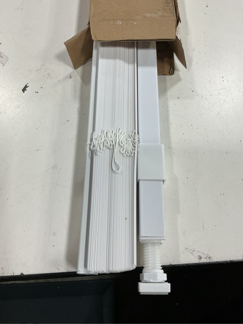 Condition photo showing As Is for unishades no drill blinds for windows 1" vinyl l-shaped slats cordless mini blinds for home, for window size 29" w × 36" h white white 29" w × 36" h