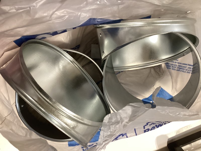 Condition photo showing As Is for imperial 6-in 30 gauge galvanized steel round adjustable 90 degree duct elbow