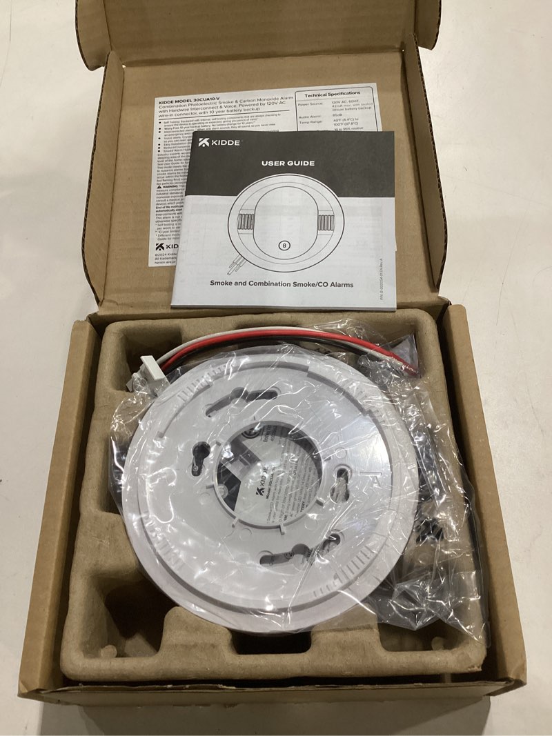 Condition photo showing New/Like New for not tested**** kidde hardwired smoke & carbon monoxide detector, 10-year battery backup, voice alerts, interconnectable led warning light indicators 1 pack