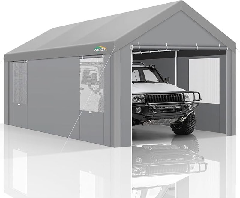 cobizi carports 10x20 heavy duty car canopy garage with removable sidewalls & doors, galvanized frame portable carport canopy with built-in sandbags & all-season tarp for car boat truck, gray