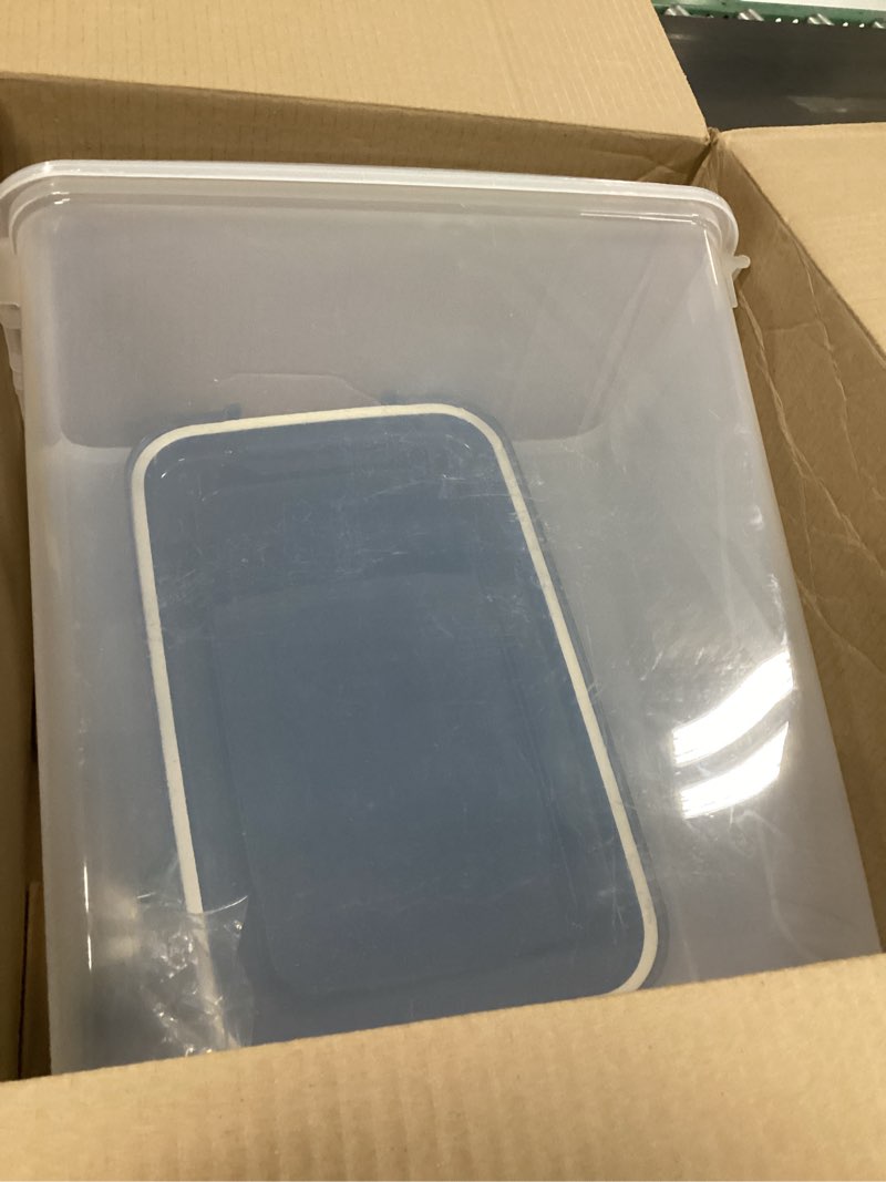 Condition photo showing Good Condition for iris usa airtight dog food storage container, up to 40 lbs, attachable wheels, for dog cat bird and other pet food storage bin, keep fresh, translucent body, easy mobility, navy 40 lbs navy