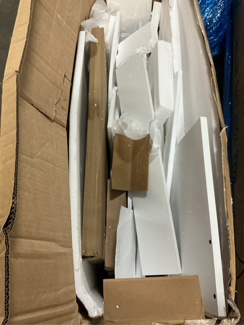 Condition photo showing As Is for Vanity Desk with Mirror and 12 LED Lights, Makeup Vanity Table with USB & Power Outlets, 4 Drawers and Hairdryer Holder, Padded Stool with Storage, White