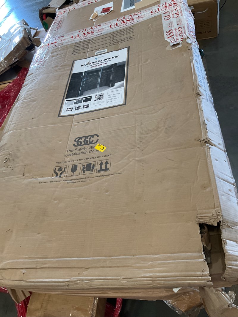 Condition photo showing As Is for matte black shower door for walk in shower 56-60 inch w x 76 inch h, sliding bathroom door with smooth door closing, explosion proof film, murano economy by fab glass and mirror 60" w x 76" h matte black - 5/16" glass