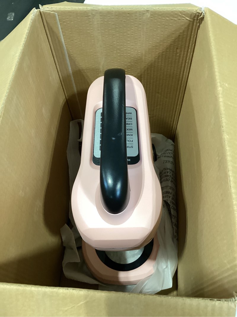 Condition photo showing As Is for hamilton beach electric stand mixer, 4 quarts, dough hook, flat beater attachments, splash guard, 7 speeds with whisk, easy-carry top handle, pink pink 4 quarts