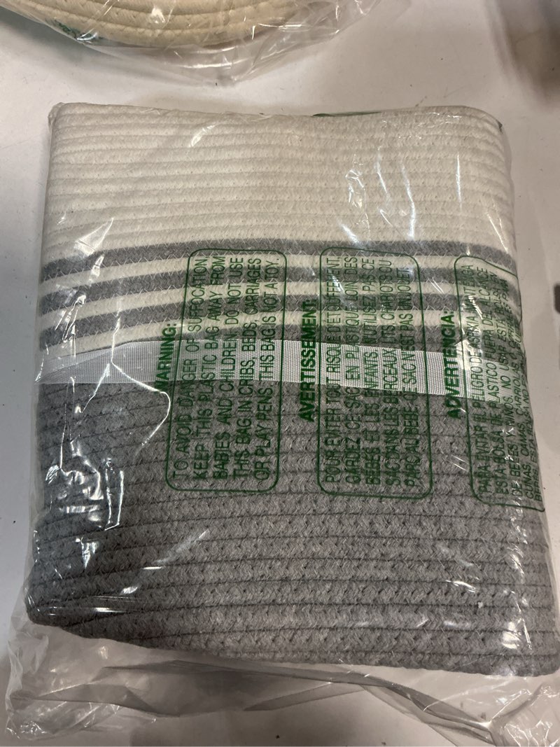 Condition photo showing New/Like New for 60l large laundry basket with leather handles for living room storage, woven rope baskets bin for blanket, kids toy, gifts, wicker hamper for bedroom dirty clothes, 21"x15"x11" white grey grey 60l