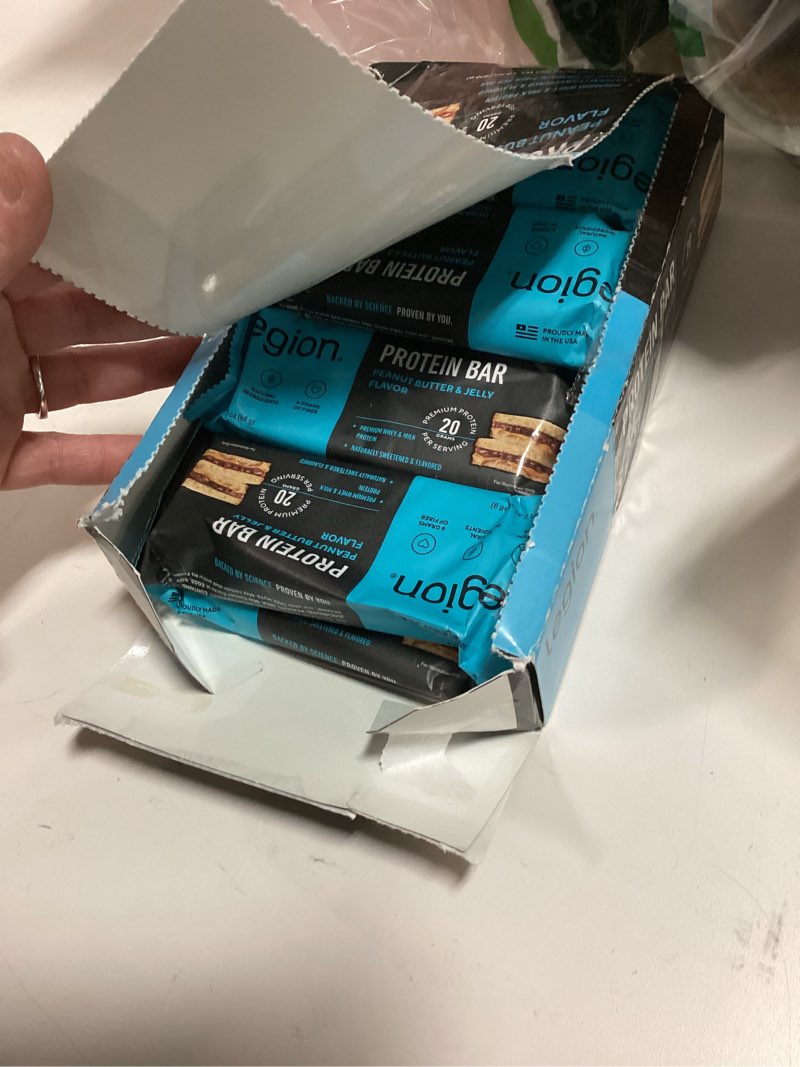 Condition photo showing As Is for Missing two Legion Protein Bar Peanut Butter Jelly - 100% Whey Protein, Soy Free Protein Bars with Prebiotic Fiber - Low Fat Healthy Protein Bar - Gluten Free, Naturally Flavored, Low Sugar Protein Bars (12 Count)