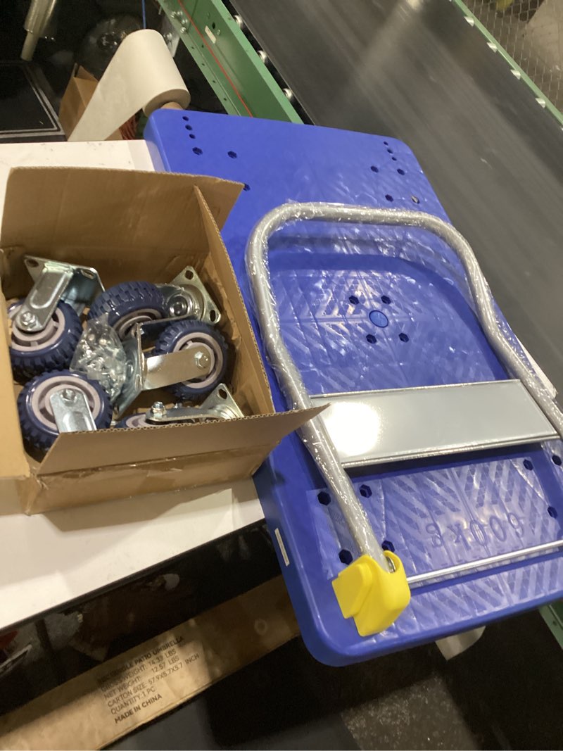 Condition photo showing Good Condition for yssoa platform truck with 1320lb weight capacity and 360 degree swivel wheels, foldable push hand cart for loading and storage, blue