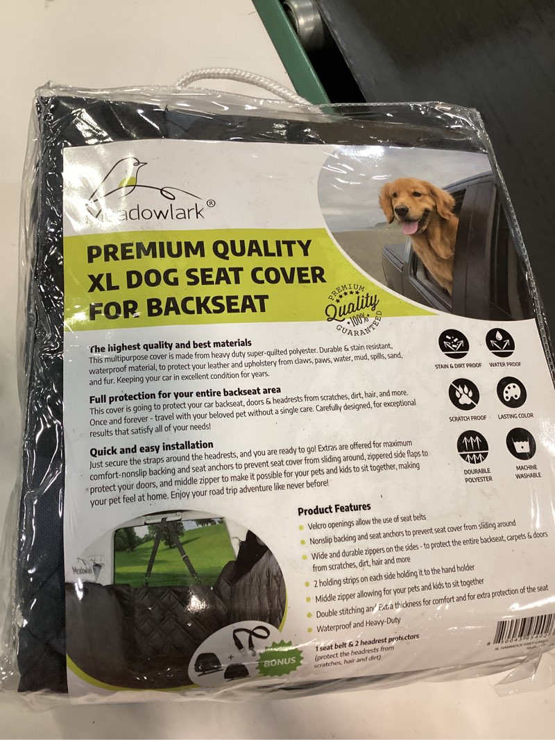 Condition photo showing Good Condition for meadowlark dog car seat cover, x-large heavy duty pet seat cover for back seat, extra padded non-slip dog hammock, water-resistant back seat protector for cars trucks and suvs (64” w x 60" l) 64" l x 60" w without seat belt black