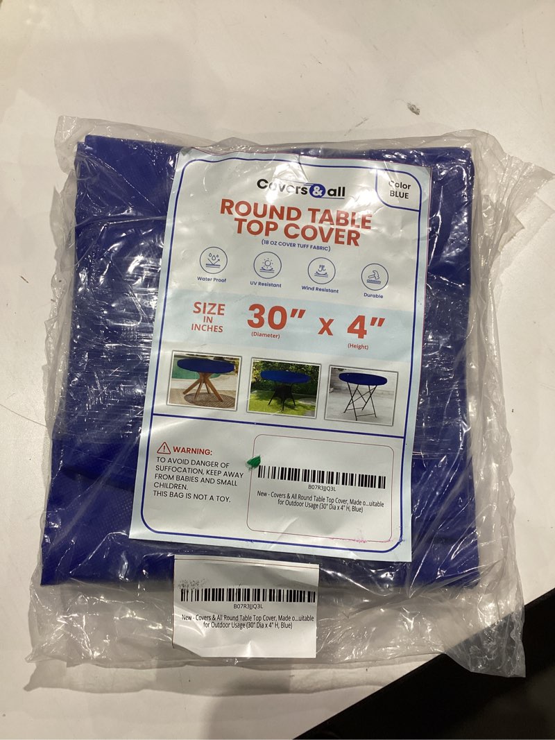 Condition photo showing New/Like New for Covers & All Round Table Top Cover, 18 Oz Heavy Duty Waterproof UV & Weather Resistant Patio Table Cover, Outdoor Table Cover for Patio Outdoor Furniture & Coffee Table (30" Dia x 4” H Inches, Blue) 30" Dia x 4" H, Blue