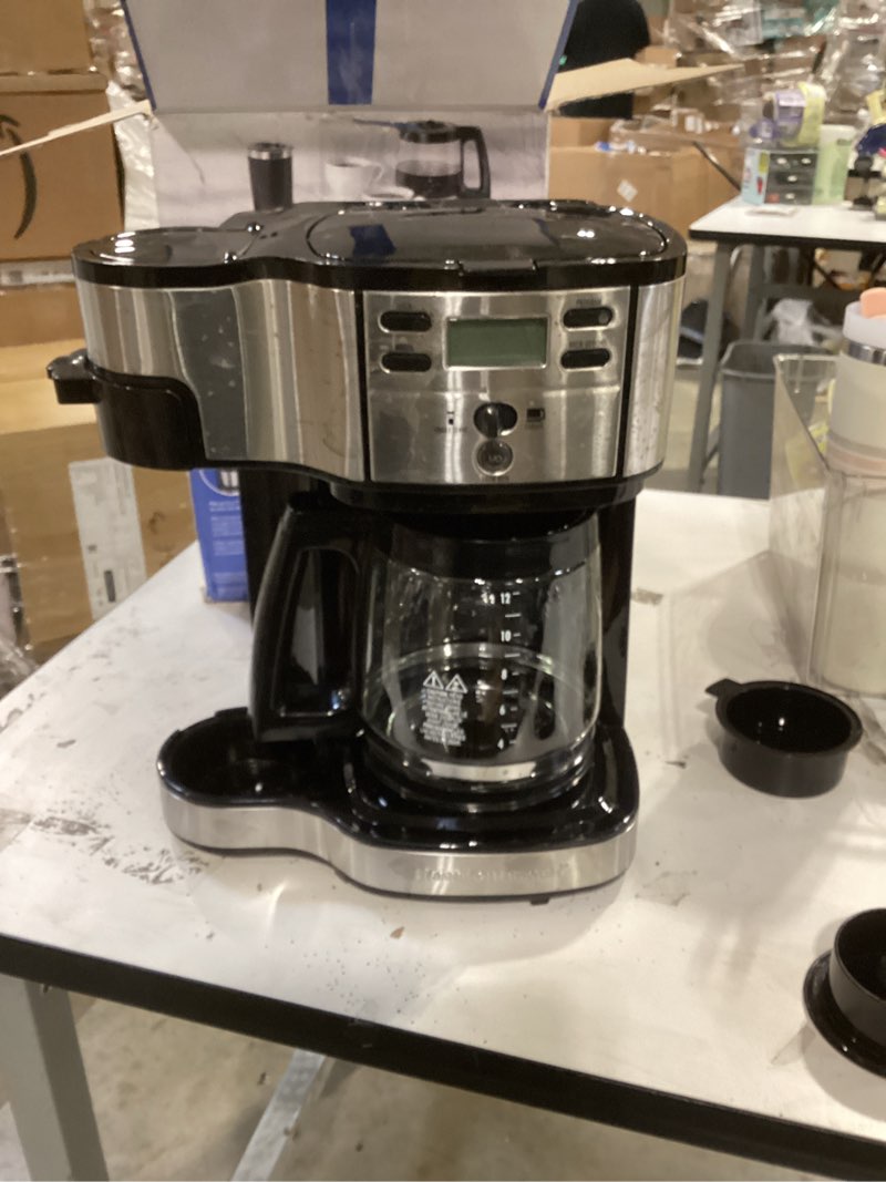 Condition photo showing As Is for hamilton beach 2-way programmable coffee maker, 12 cup glass carafe and single serve coffee maker, black with stainless steel accents, 49980rg 12 cup black