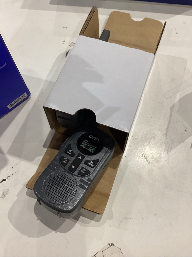 Condition photo showing As Is for onn walkie talkies 16 mile range with two way radios, led light, 121 privacy channels, 2 count
