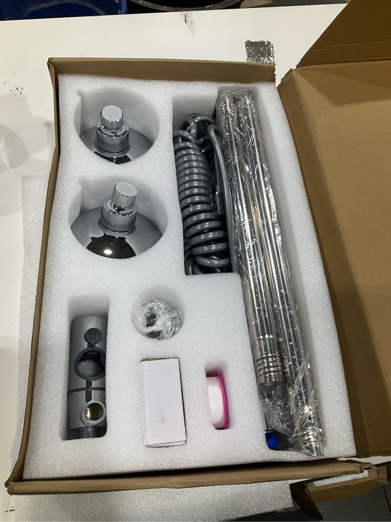 Condition photo showing Good Condition for dual shower head with original adjustable slider, high pressure double shower head for two people rod, 2 showerhead system for couples, renter-friendly, spa-like, gift for women men, chrome