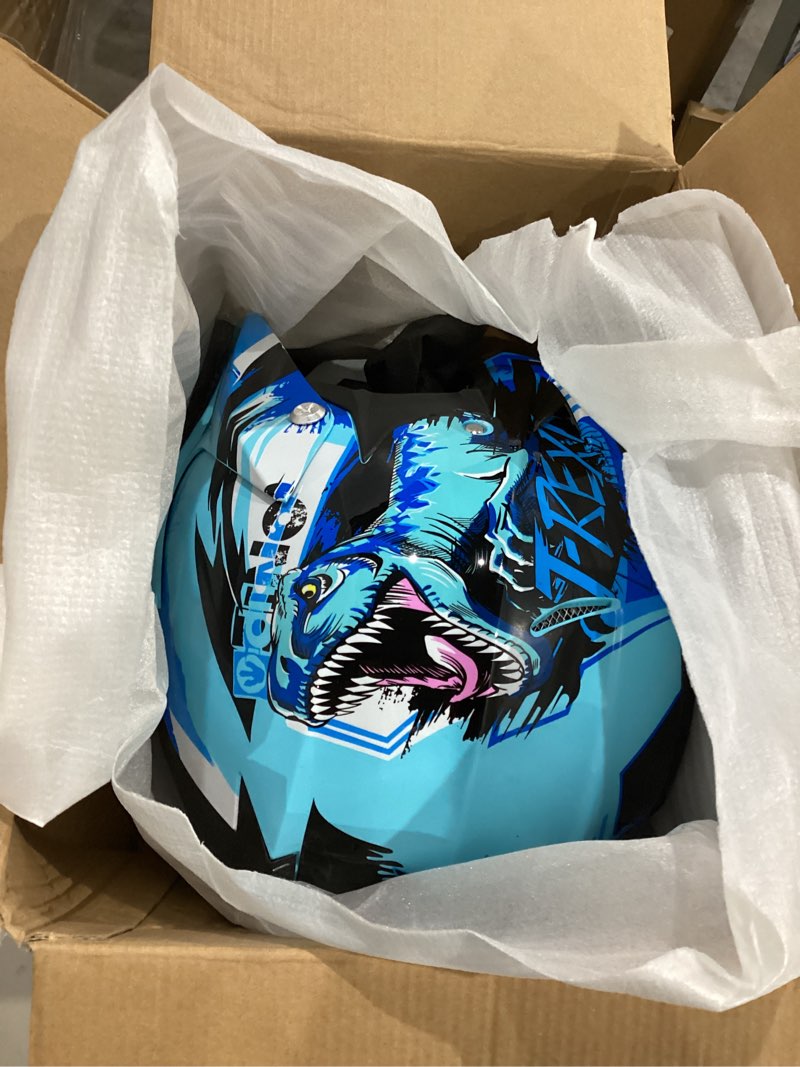 Condition photo showing Good Condition for dot youth dirt bike helmet with goggles & gloves for 5-14 years old, youth atv helmets for youth boys girls, four wheeler helmet, motocross bmx mx utv offroad street go kart dirt bike race car medium dino blue