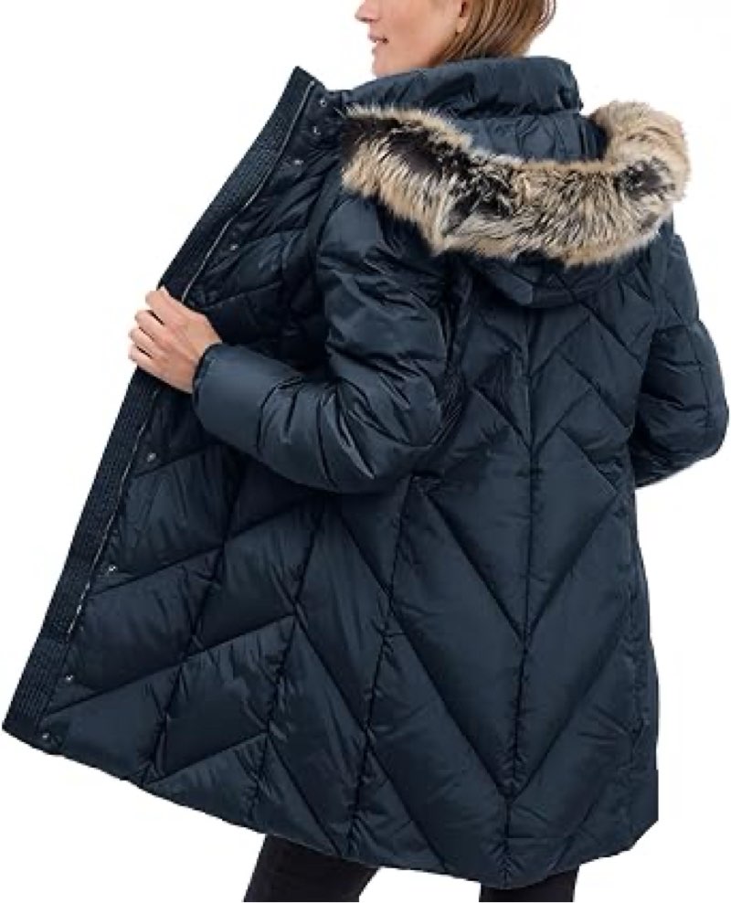 london fog women's 36" snap front down coat with multi pattern quilt and hood, black, l