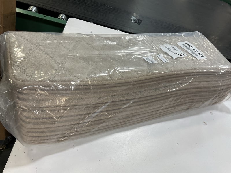 Condition photo showing Good Condition for pure era carpet stair treads tape free non slip indoor stair carpet stair protectors pet-friendly non-slip skid resistant washable reusable 8\" x 30\"(14 pieces,cream gray diamond trellis) cream gray diamond trellis 14 pieces no bullnose