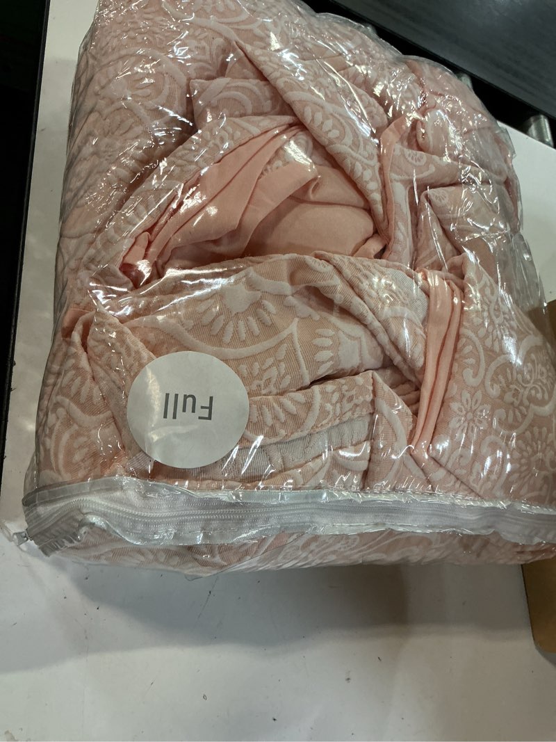 Condition photo showing Good Condition for superior 3 piece bedspread set, home bed decor, decorative bed spread, 2 pillow shams, medium weight blanket, floral matelasse coverlet, bedding essentials, enzy collection, full, peach peach full