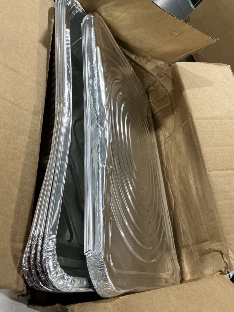 Condition photo showing As Is for aluminum pans with lids, large full size 21x13x3 disposable foil pans, heavy duty roasting, baking, broiling, catering & chafing pans (15, full-size w/lids) 15 full-size w/ lids