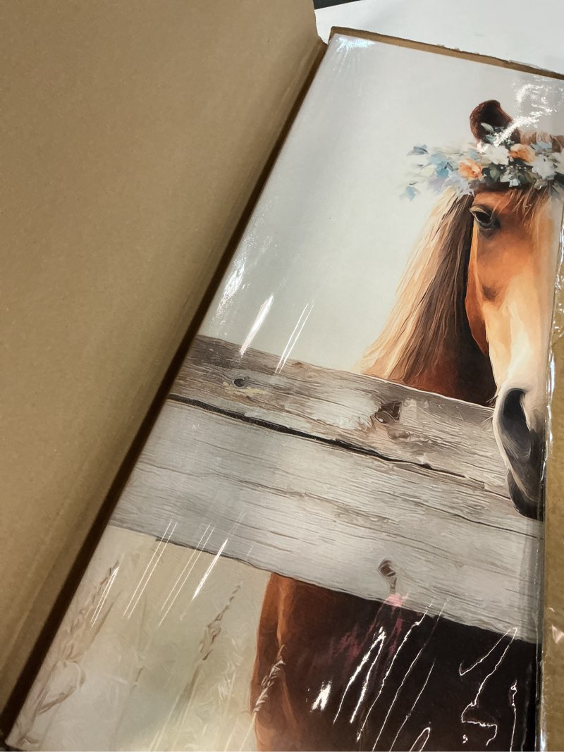 Condition photo showing Good Condition for Farmhouse Horse Painting Canvas Wall Art Framed Print Rustic Animal Portrait with Floral Crown Pastel Colors Weathered Wood Fence Wall Decor Artwork for Bedroom Office Decor 16x24 Inches DONGWU002 24"L x 16"W
