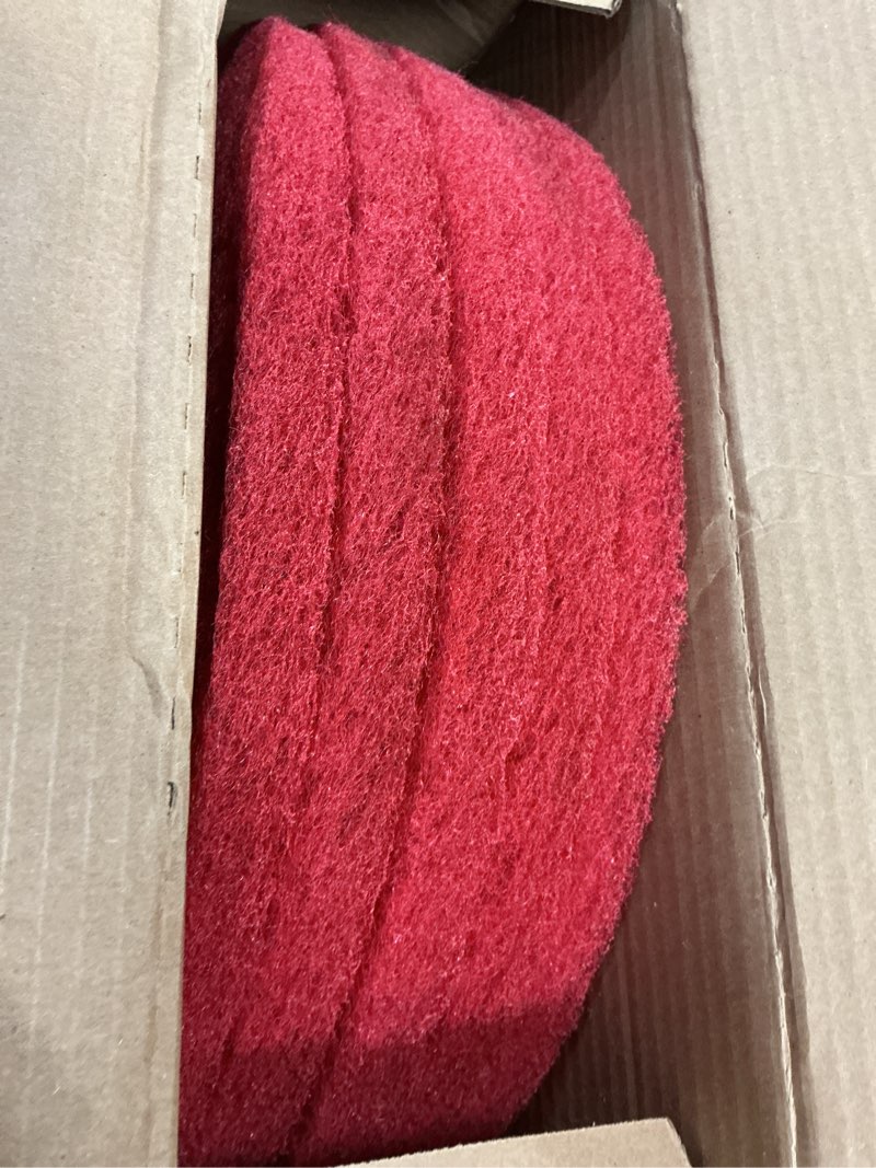 Condition photo showing Good Condition for 3m buffer floor pad 5100, red, 19\", removes soil, scratches, scuff marks, and black shoe heel marks 19\" 5.0