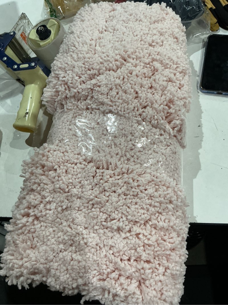 Condition photo showing As Is for ilango pink bathroom rugs 32" × 20" non slip & super absorbent extra thick soft, washable bath mat for floor, microfiber plush shaggy bath rug with rubber for bathtub shower room sink pink 1'8" x 2'8" (20''x32'' bathroom rug)