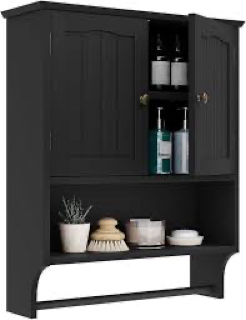 smuxee black bathroom cabinet wall mounted with towels bar, medicine cabinet with 2 door adjustable 