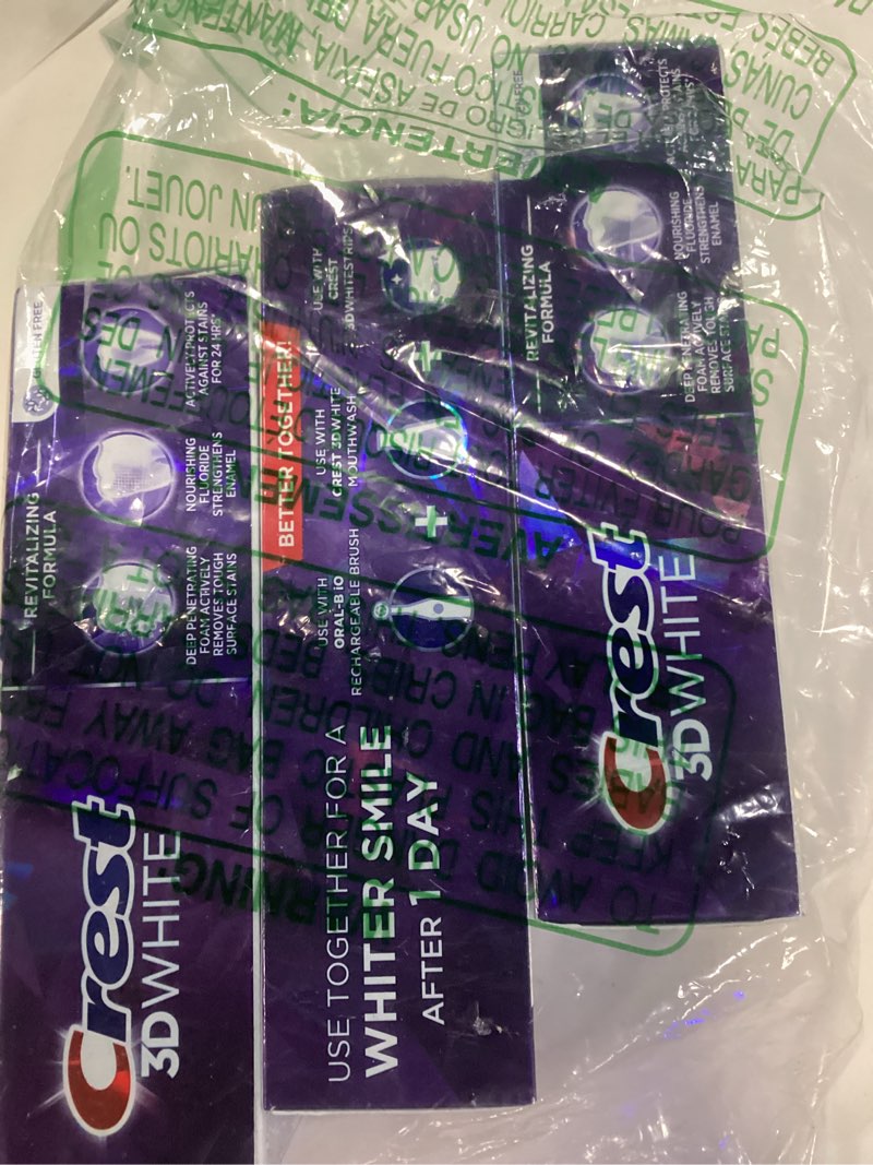 Condition photo showing Good Condition for crest 3d white brilliance luminous purple teeth whitening toothpaste, 4.6 oz pack of 3, anticavity fluoride toothpaste, fights 100% more surface stains, 24 hour active stain prevention luminous purple 4.6 ounce (pack of 3)