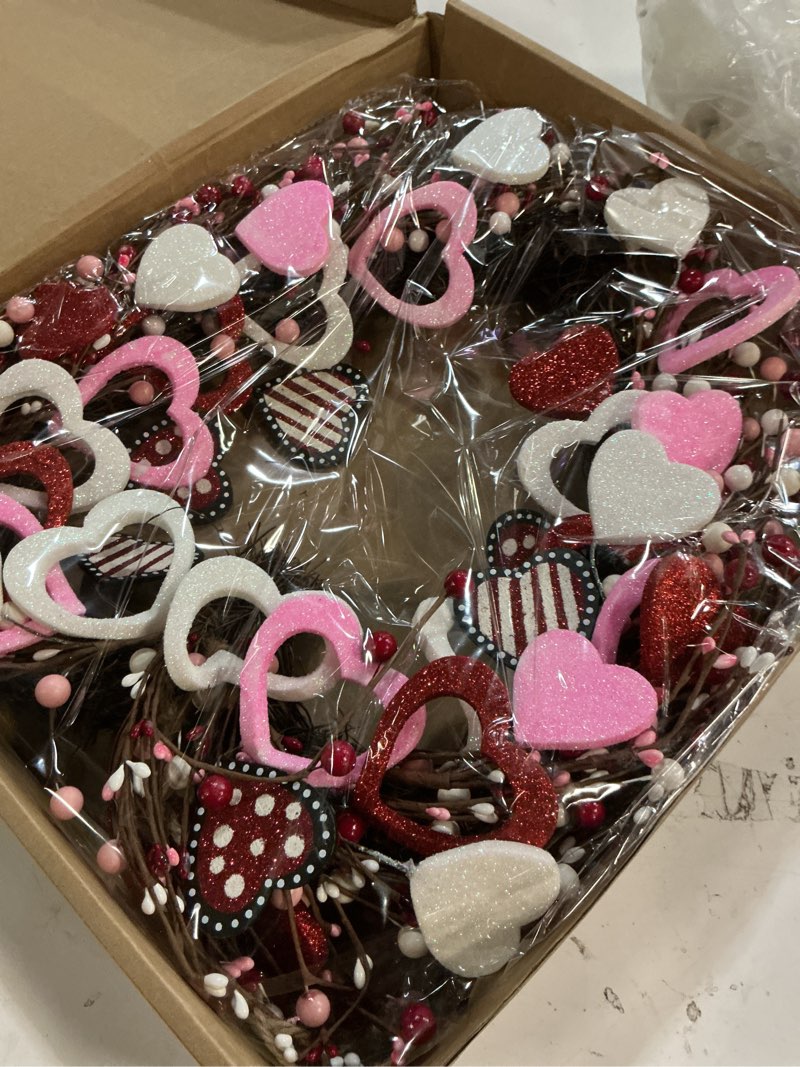 Condition photo showing New/Like New for valentine’s day heart shaped wreath for front door, 20 inch pink red glitter heart wreath with berries for indoor outdoor, valentine wreaths for wedding doors, windows, walls