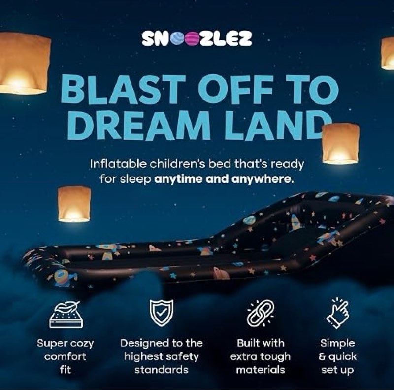 Snoozlez Inflatable Kids Mattress with a galaxy space theme, suitable for children ages 2 and up.