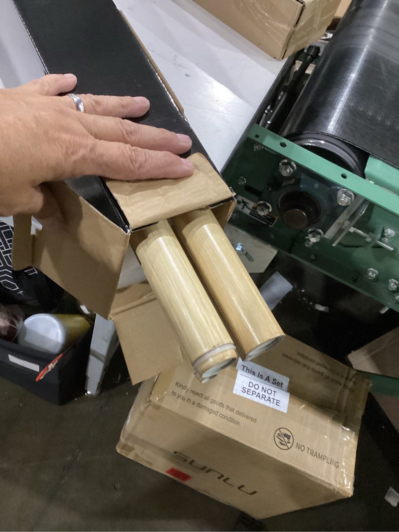 Condition photo showing Good Condition for 1-1/8 inch diameter light wood curtain rods with cap finial, 72-144'' telescoping faux wood design double curtain rods for window width 68-140 inch, 1 pack light wood 72-144''