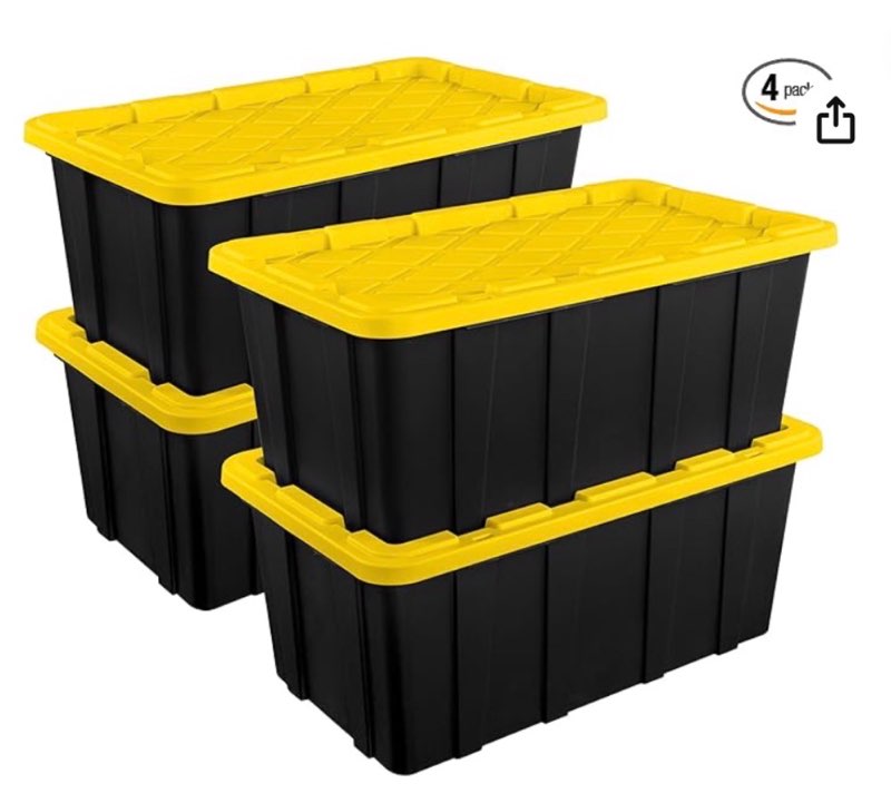 sterilite 4-pack industrial tote, plastic storage container bins with lids, 38 gallon - heavy-duty organizing containers for closet, bathroom, and office