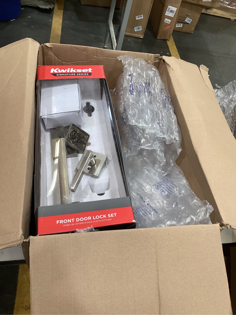 Condition photo showing As Is for kwikset san clemente front door lock handle and deadbolt set, entry handleset exterior with interior reversible lever, satin nickel, pick resistant smartkey rekey deadbolt security satin nickel with handle keyed entry